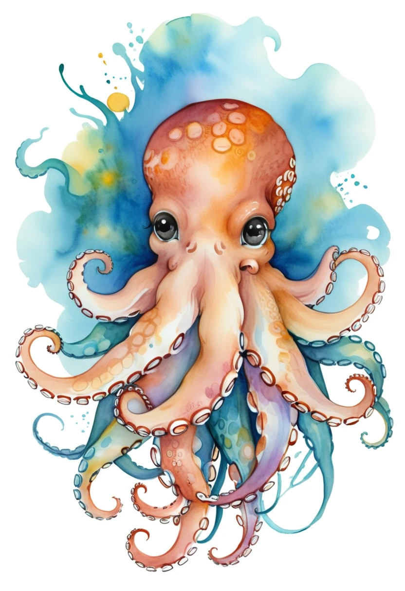 Abstract style art of cute octopus, abstract watercolor, csw, (black eyes),<lora:CSW-Style-2-000017:0.8>, Non-representational, colors and shapes, expression of feelings, imaginative, highly detailed