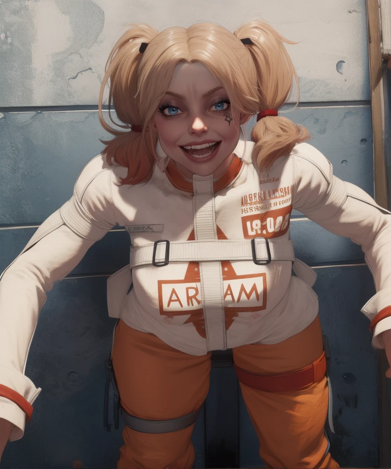 Harley,blue eyes,low twintails,
long white shirt,long sleeves,orange underpants,light smile,from below,leaning forward,
prison cell,
(insanely detailed, masterpiece, best quality),solo,<lora:harleySQA:0.9>,