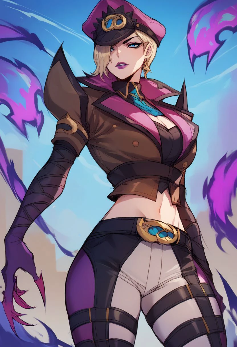 score_9, score_8_up, score_7_up, score_6_up, soul fighter evelynn,1girl, cropped jacket, hat, pants, blue eyes,short hair, blonde hair, purple lips,source_anime, expressive face, speedlines, dynamic movements, ultra-detailed,highres,8k,perfect body,intricate details,depth of field, scenery, cowboy shot,