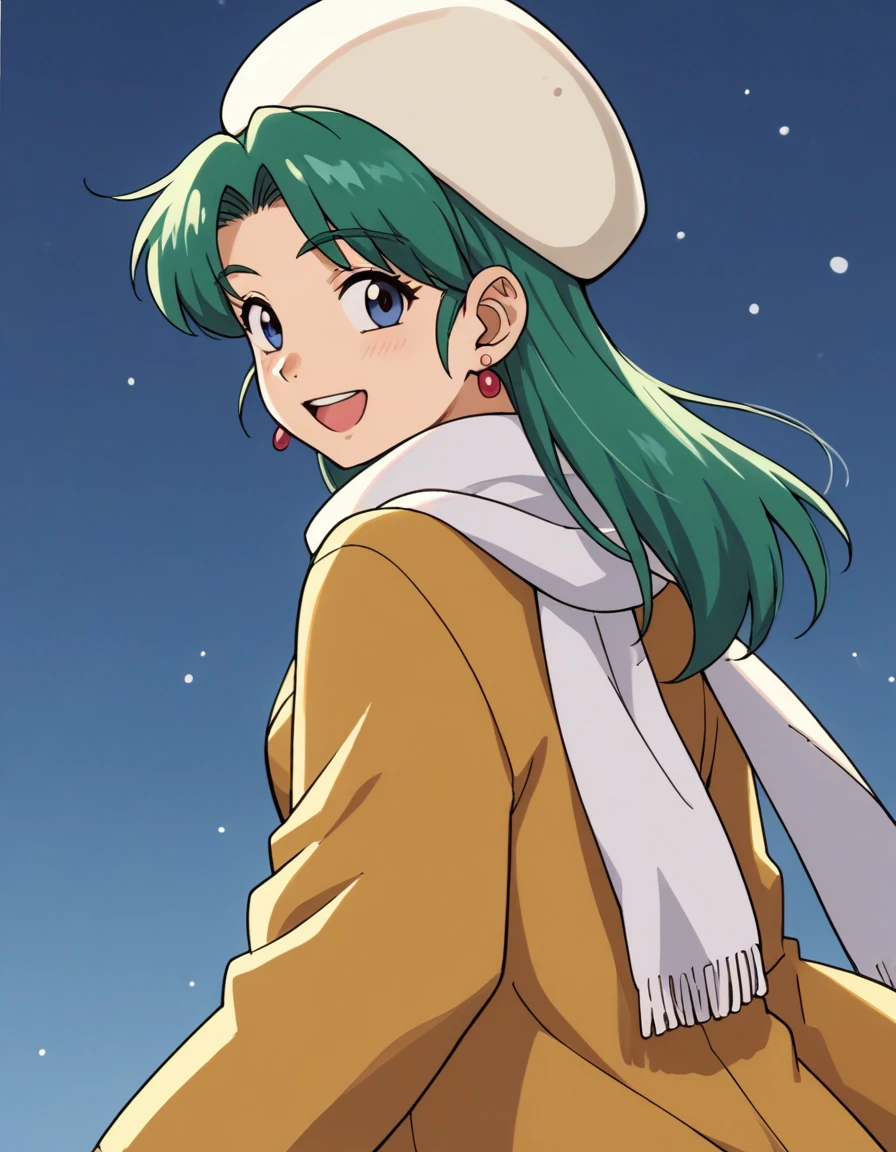 score_9, score_8_up, score_7_up, score_6_up, score_5_up, score_4_up, BREAK source_anime, anime screencap, <lora:HatsusenoAlphaXL-08:0.7>
HatsusenoAlphaXL, 1girl, solo, long hair, looking at viewer, smile, open mouth, hat, jewelry, earrings, looking back, from behind, scarf, coat, white headwear, blue background, traditional media, white scarf, winter clothes