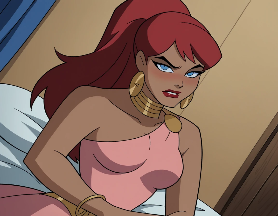 score_9, score_8_up, score_7_up, source_anime,
giganta, giganta, blue eyes, red hair, dark skin, dark-skinned female, makeup, lipstick, ponytail,
dress, jewelry, earrings, bracelet, pink dress,
indoors, sitting on toilet bathroom, pissed off
looking at viewer, solo, white panties, panties pulled down, vagina, peeing, panties at ankles