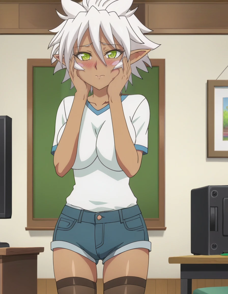 1girl,anime screencap,solo,
 <lora:Zest_16XL:0.8> zest, white hair, dark skin, dark-skinned female, short hair, breasts, pointy ears, green eyes, large breasts,
jeans,topless,white shirt,shorts,stockings,hands on cheeks,blush,embrassed,
indoors,coach,tv,table,