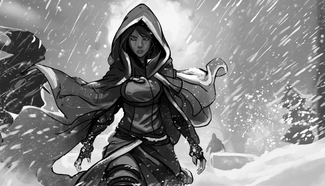 <lora:lor_concept_art_style:0.8> lor concept art, a hooded woman going through a snowstorm