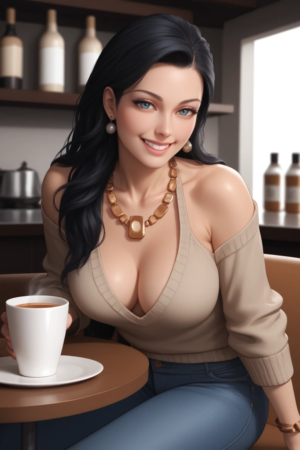 score_9, score_8_up, score_7_up, masterpiece, high quality, source_comic BREAK
<lora:Excella GionnePonyLoRA:0.8>xcllaginn, long hair, earrings, necklace, bracelet, sweater, jeans, sitting in a cafe holding a cup of tea, smile