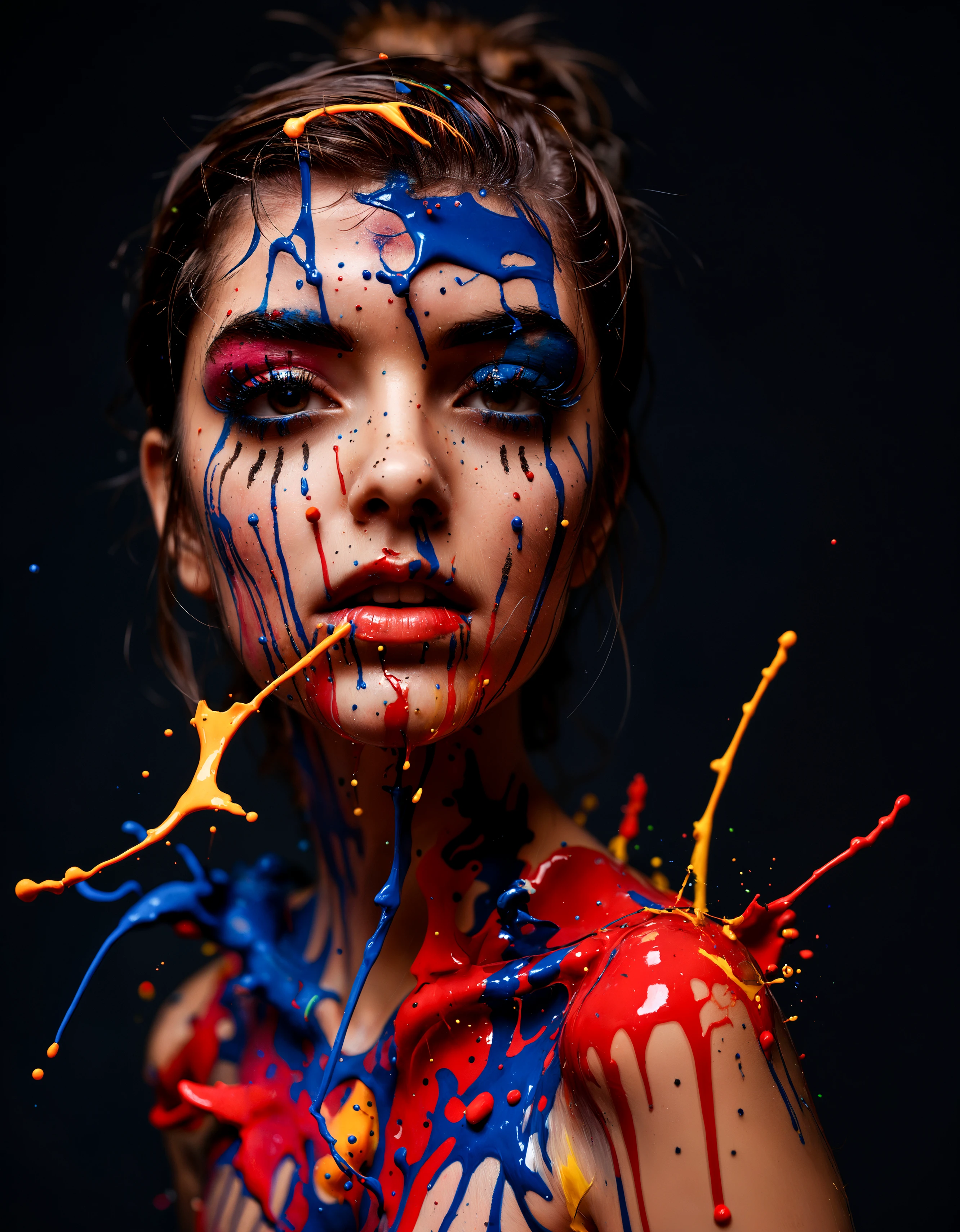 zavy-splsh, glamour shot of a young woman face with vibrant paint splattering in slow motion, 100mm f/2.8 macro lens,