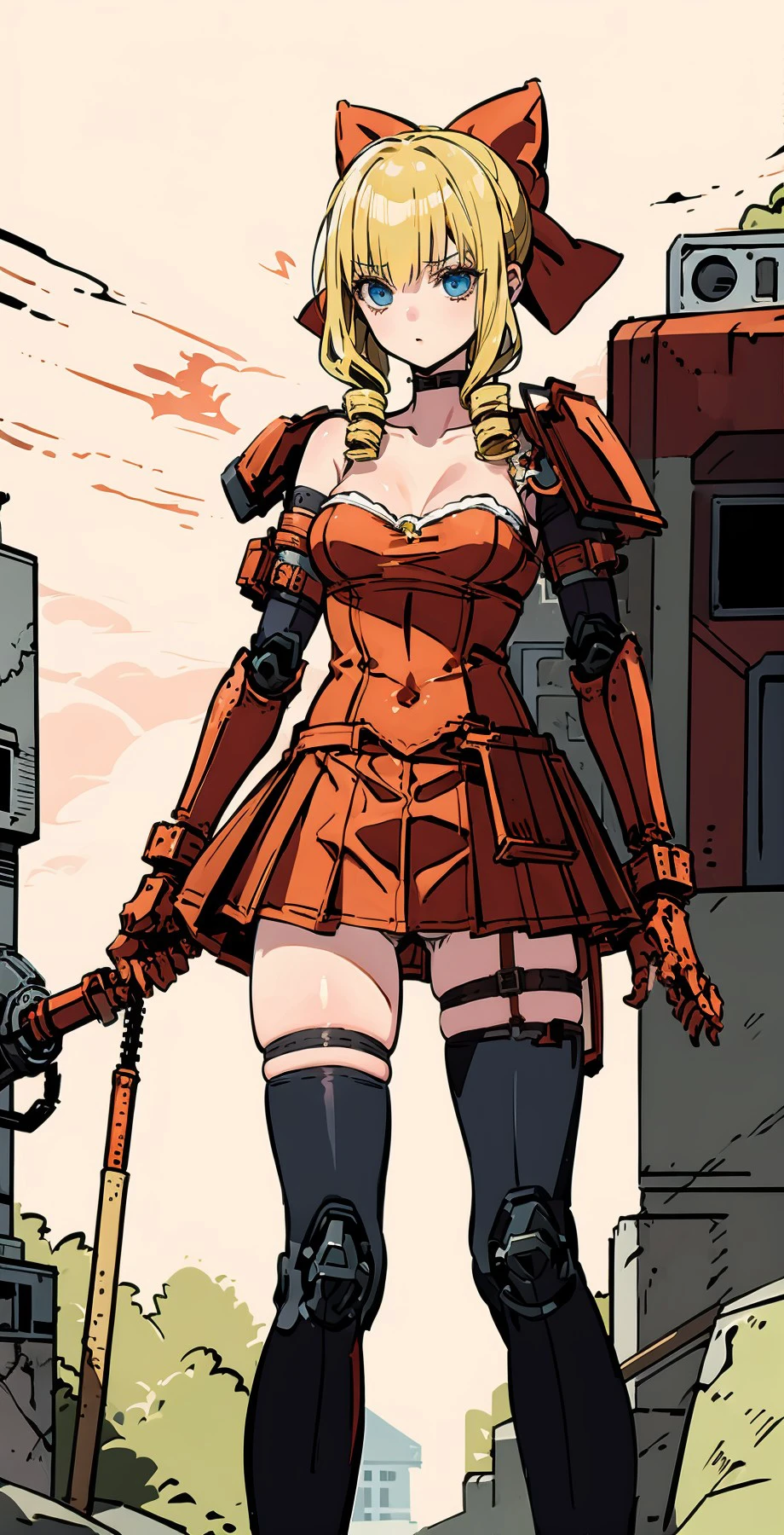 (masterpiece), best quality, expressive eyes, perfect face, Blunt Bangs, twin drills, bow, blunt bangs, blue eyes, blonde hair, drill hair, red bow, hair bow, (Post-apocalyptic wasteland background:1.2), thighhighs, mechanical arms, armor, shoulder armor, pauldrons, cyborg, garter strapsm, asymmetrical legwear, thigh strap, pink skirt, <lora:56f7718b-3e57-4b1c-aaf4-084a866758a5:0.7>, <lora:144b74c6-ed40-4756-a888-7f6ae013922e:0.7>