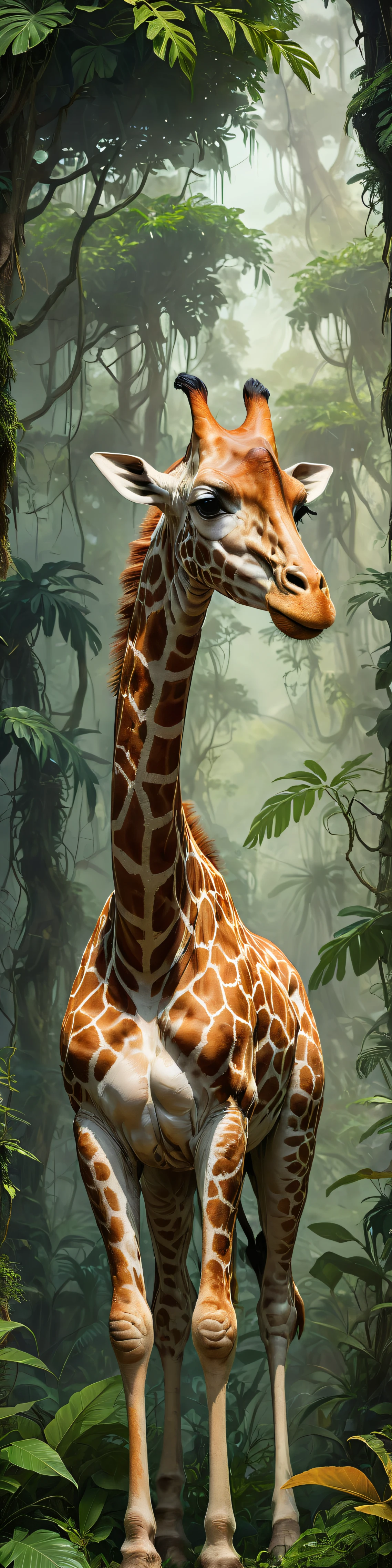 surreal giraffe in jungle, long neck