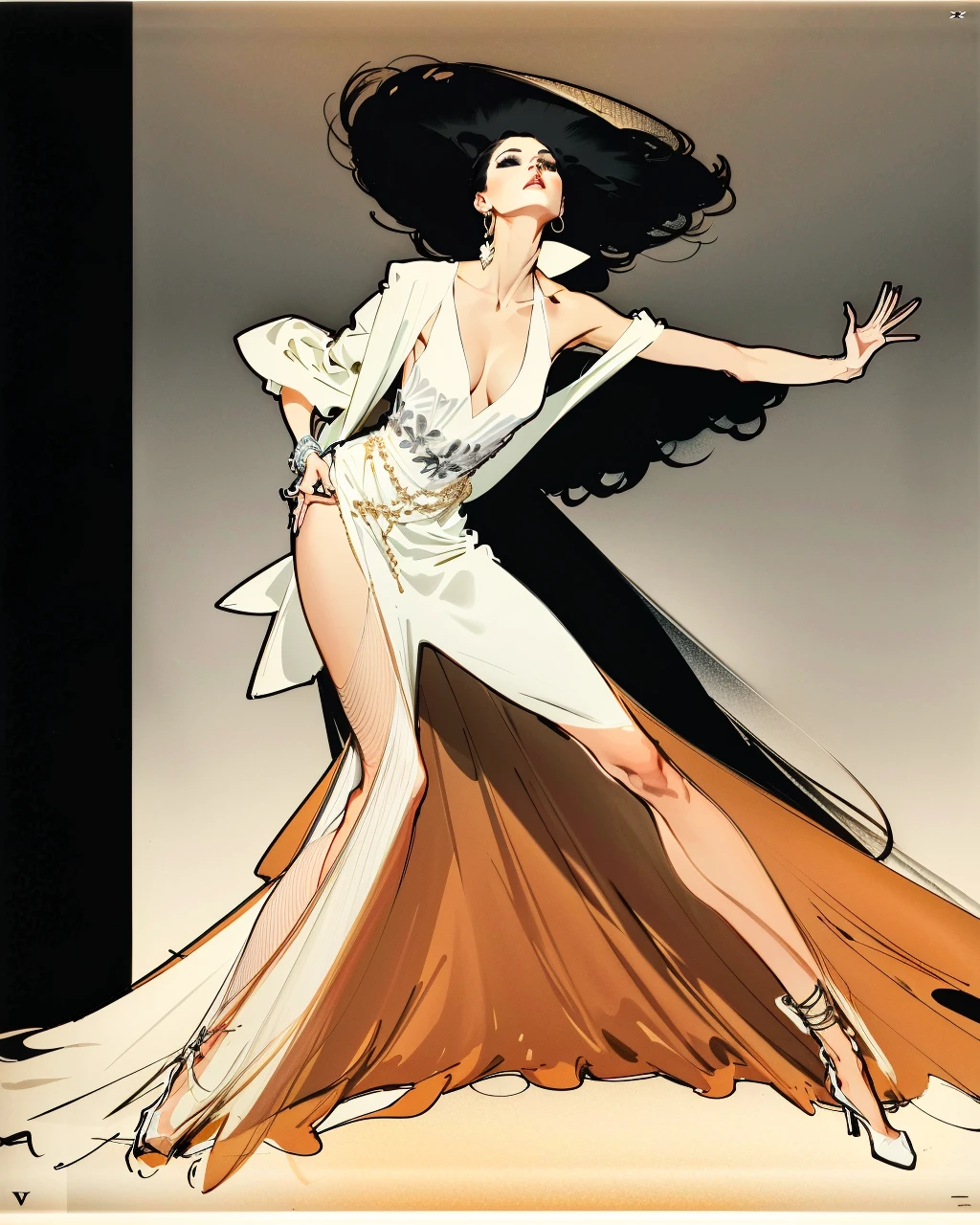 best quality,masterpiece,highly detailed,ultra-detailed,
cover of fashion magazine , 1girl,renegruau, v-neck,fashion, (Dramatic Pause Pose:1.3),Dramatic Pause Pose, stopping abruptly on the runway, holding a pose for a few seconds to allow the audience to admire the outfit traditional media,fashion sketching ,
<lora:neg9V2_last:0.7>
<lora:ReneGruau_002:1>