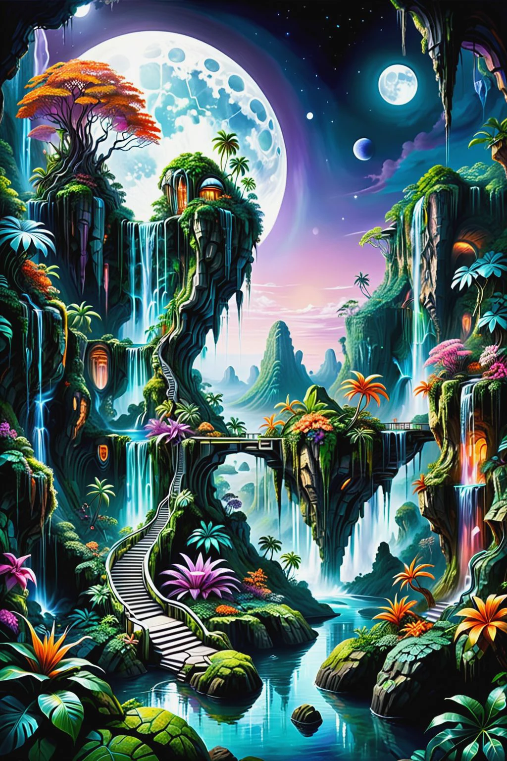 Acrylic Painting a vivid scifi illustration of fantastical surrealism of
the landscape of floating tropical islands from which waterfalls flow, the distorted subconscious, the moonlight, the beautiful composition,
pandoralnd <lora:Pandora Land XL:0.7>