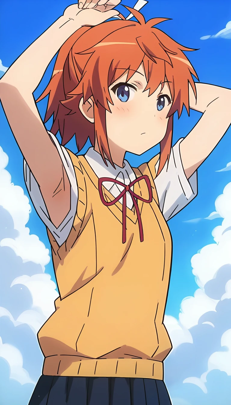 score_9, score_8_up, score_7_up, source_anime, masterpiece, 1girl, natsumikoshigaya, sweater vest, white shirt, short sleeves, pleated skirt, neck ribbon, looking at viewer, portrait, upper body, armpits, looking at viewer, sky, blue sky, clouds, blush, <lora:NatsumiKoshigayaPONYXL:0.8>