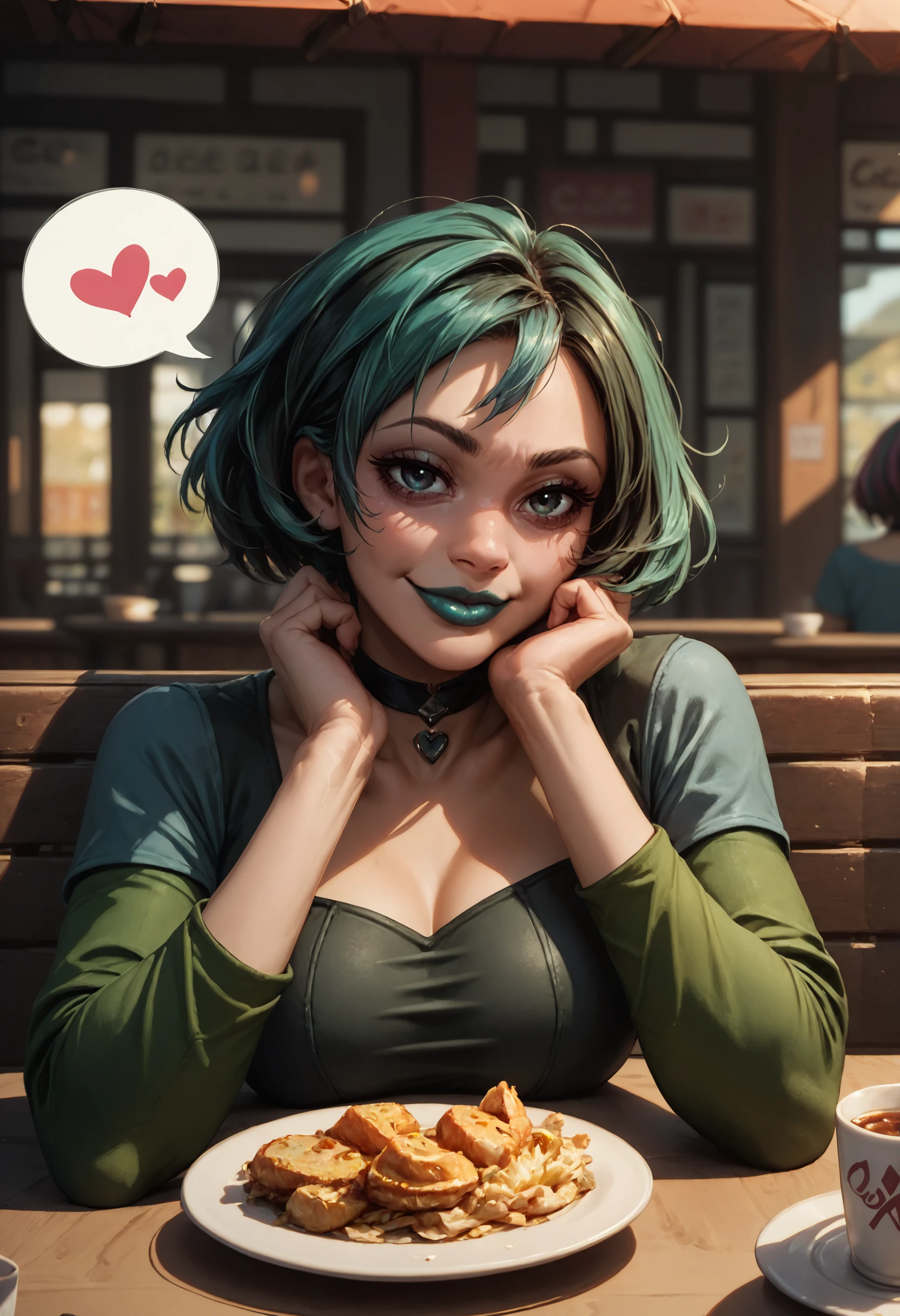 score_9, score_8_up, score_7_up, score_6_up, detailed, 1girl, <lora:gwentd-guy-ponyv1:1> gwentd, two-tone hair, lipstick, choker, crop top, long sleeves, pov across table, food, simple background, cup, seductive smile, elbow rest, spoken heart, cafe,