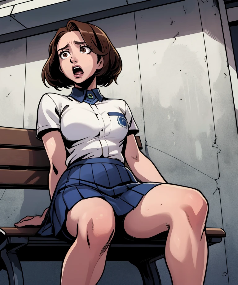 mina,brown eyes,short hair,
short sleeves,skirt,white collared shirt,school uniform,surprised,from below,
sitting, bench,
hallyway,dim lighting,
(insanely detailed, masterpiece, best quality),solo,<lora:Mina:0.8>,