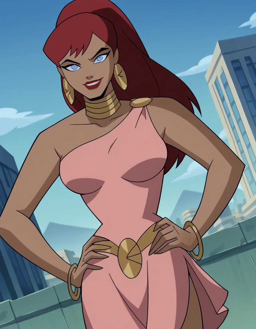 score_9, score_8_up, score_7_up, source_anime,
giganta, <lora:giganta-dcau-ponyxl-lora-nochekaiser:1>,
giganta, blue eyes, red hair, dark skin, dark-skinned female, makeup, lipstick, ponytail,
dress, jewelry, earrings, bracelet, pink dress,
outdoors, cityscape, hands on hips, smile,
looking at viewer, solo, dutch angle, cowboy shot,