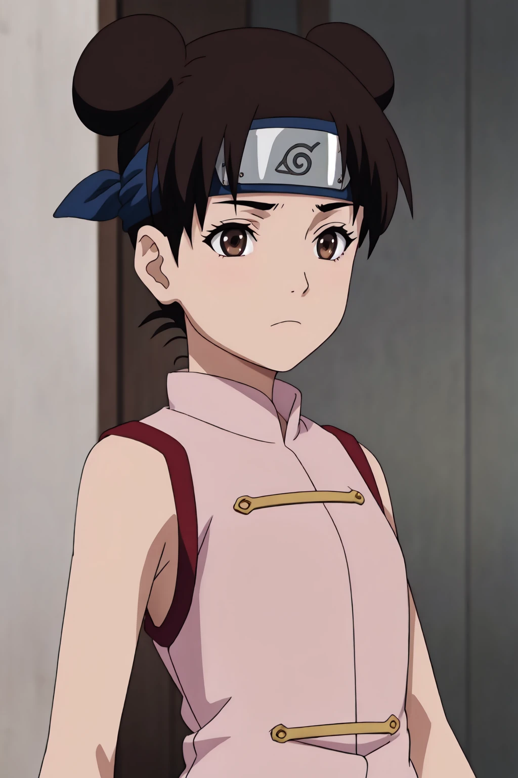 tenten, 4k, absurd, high resolution, very high resolution, high definition, masterpiece, anime_source, 2 bows, short brown hair, "pink sleeveless shirt", girl, upper body<lora:EMS-383091-EMS:0.800000>