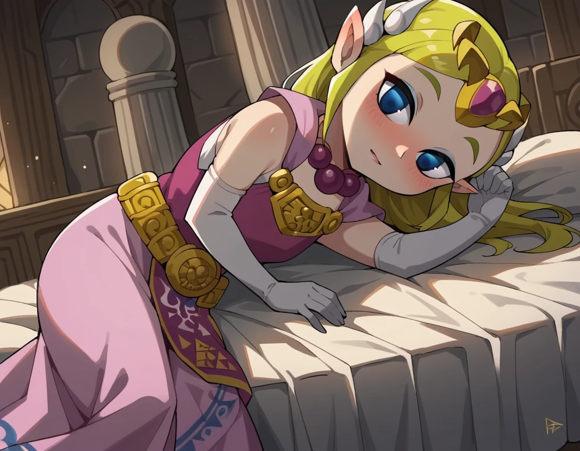 score_9, score_8_up, score_7_up, source_anime,
princesszelda, <lora:toon-zelda-ingame-ponyxl-lora-nochekaiser:0.8>,
zelda, long hair, blue eyes, blonde hair, pointy ears, empty eyes, princess zelda,
gloves, dress, jewelry, elbow gloves, belt, necklace, tiara, pink dress, triforce,
indoors, bed, bed room, on side, blush, drunk,
looking at viewer, solo, dutch angle, cowboy shot,