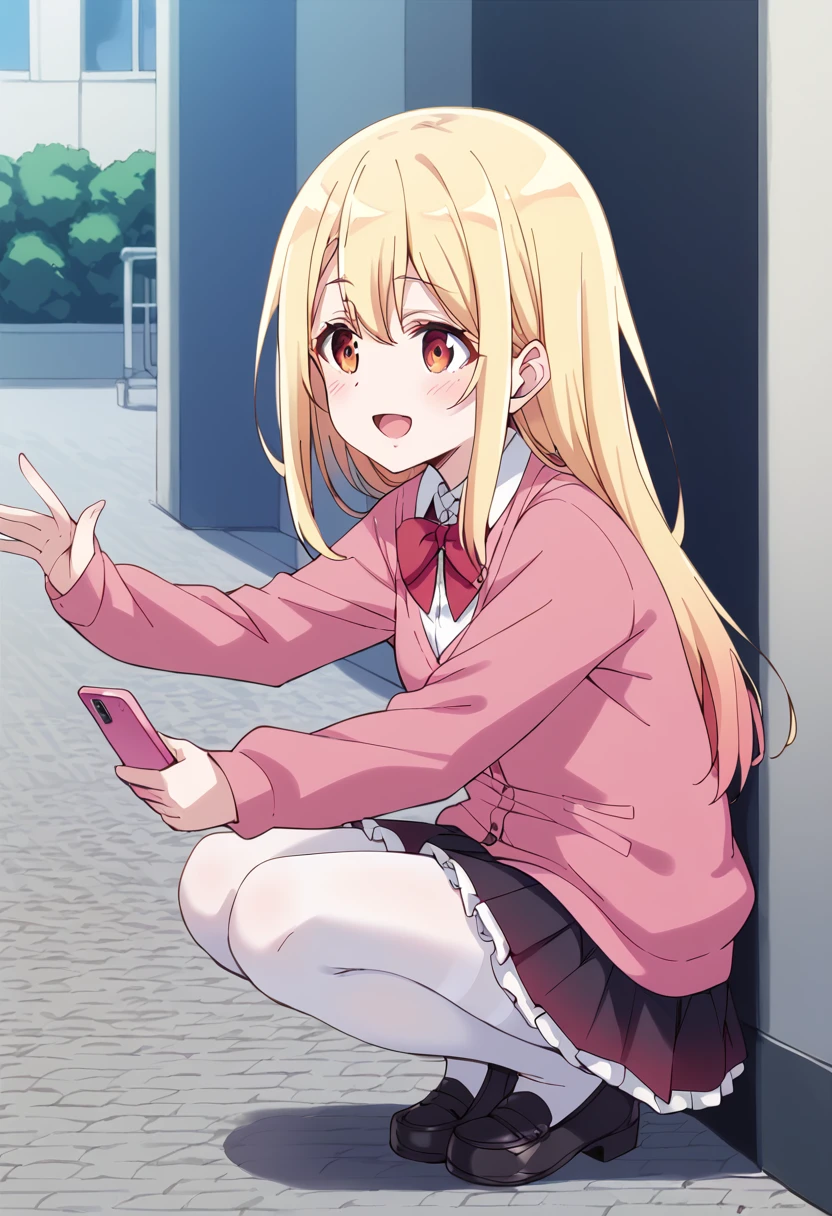 score_9, score_8_up, score_7_up, source_anime BREAK
amane lily, 1girl, blonde hair, solo, squatting, open mouth, white legwear, holding phone, smile, smartphone, hair between eyes, black footwear, red eyes, :d, long sleeves, brown eyes, full body, pink skirt, pink shirt, layered skirt, miniskirt, shiny hair, outdoors, pleated skirt, looking at phone, shiny, black shirt, shadow, eyebrows visible through hair, black skirt, sidelocks, cardigan, pink sweater, neck ribbon, frilled skirt, red ribbon, red skirt, frills, multicolored hair, red neckwear, gradient hair, sleeves past wrists, thighhighs, loafers, photo background, outstretched arms, grey legwear, collared shirt, very long hair, eyelashes, orange eyes, vest, pink ribbon, from side, pink jacket, mary janes, brown hair, pink blouse, looking at object, blush, white pantyhose, open jacket
<lora:amane_lily_sdxl_locon_pony_v1:0.8>