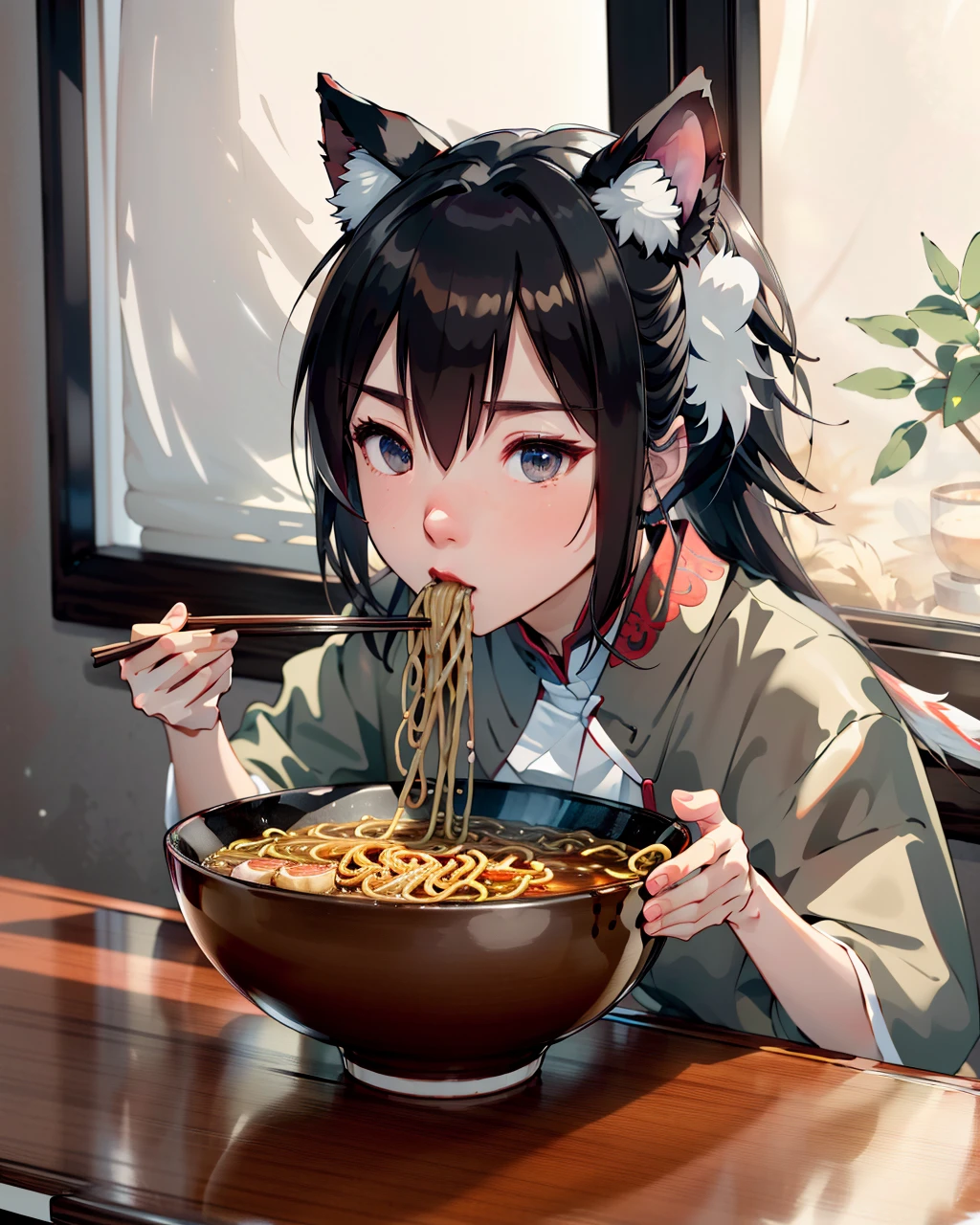 best quality,masterpiece,highly detailed,ultra-detailed, 
 <lora:neg9V2_last:0.7>    <lora:anime-minimalist:1> 
 <lora:eatingramen:1>  åéºµ, eating ramen,  window shade, wooden table,holdng bowl,shoyote-die
animal ears, animal ear fluff,