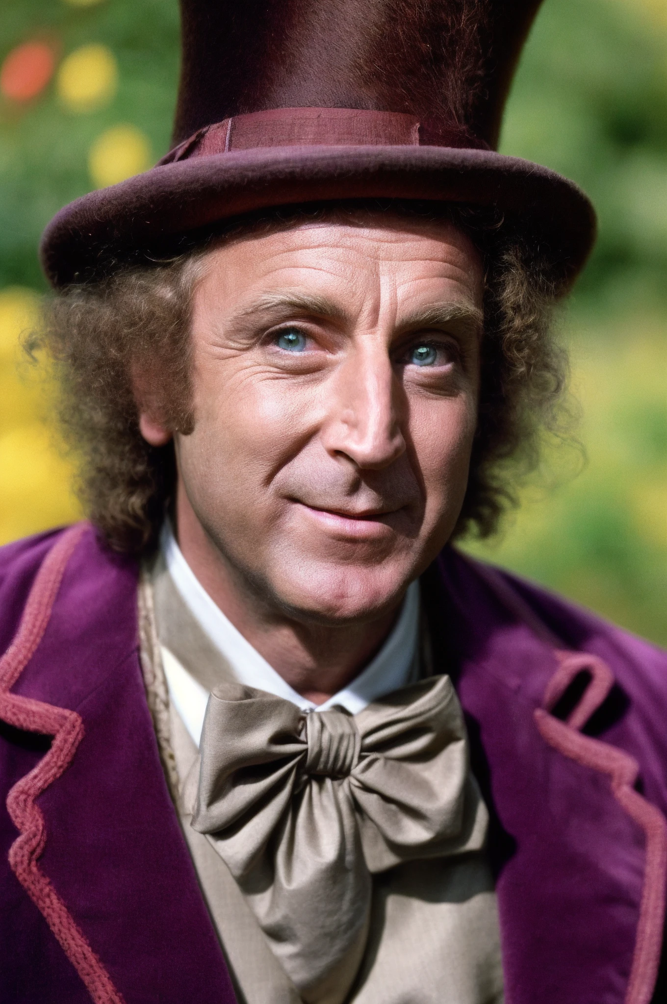 solo, face shot, portrait, looking at viewer,willy, the mad hatter is wearing a purple jacket and bow tie