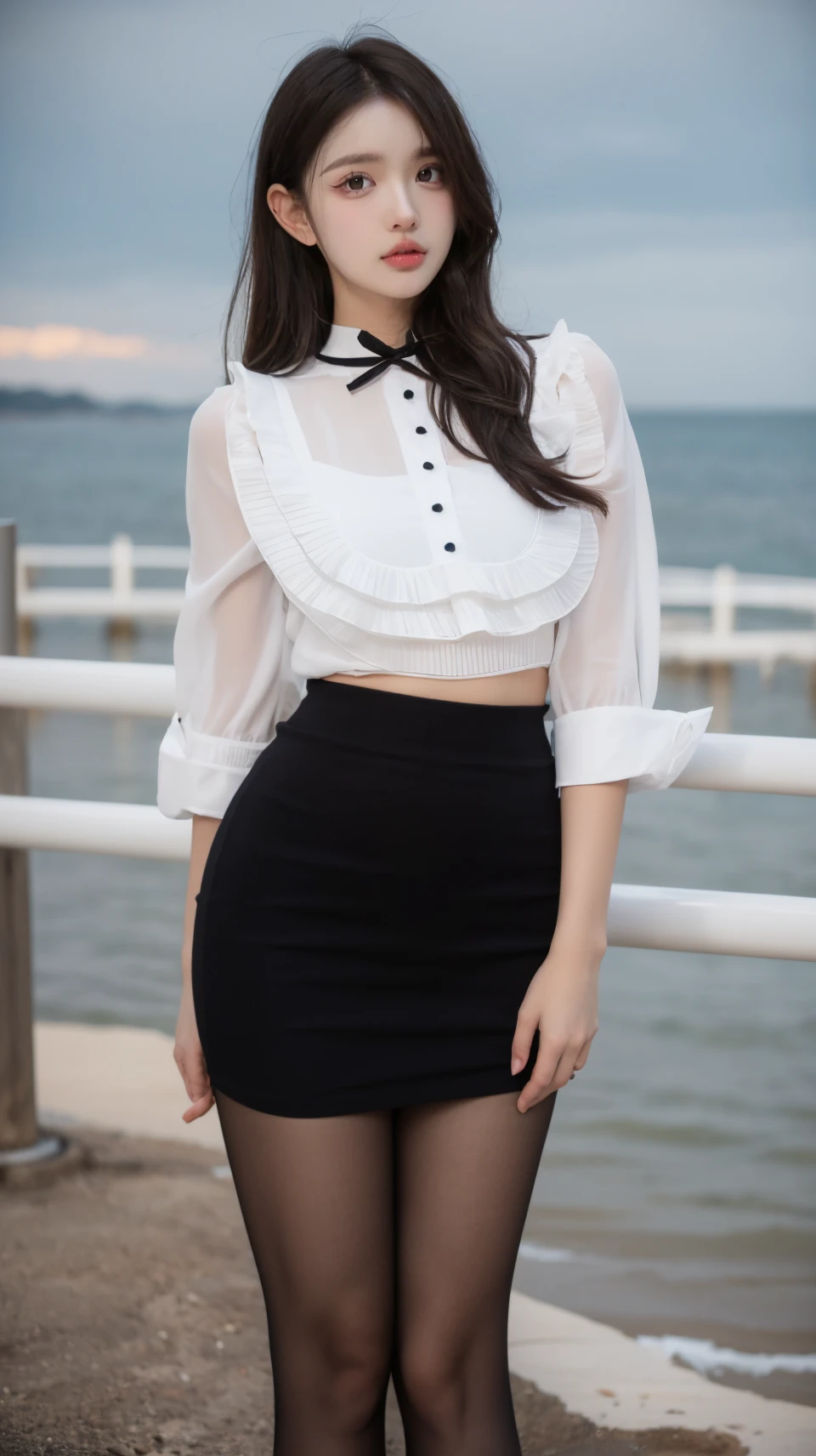 (masterpiece, best quality:1.2),bright colors,solo,photo_,(1girl:1.3),(standing:1.3),(looking at viewer:1.4),Elegant,detailed gorgeous face,(cowboy shot:1.1),realistic,seaside background,,MIS,pencil skirt,shirt,thighhighs,frills,<lora:MIS64:0.75>