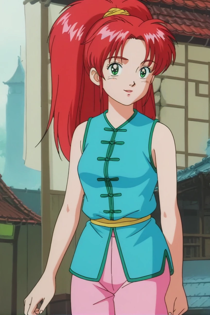 best quality,masterpiece,looking at viewer,1girl,absurdres,
depth of field,<lora:021-ä¸åå°å½å®¶-卿¢
丽V2:0.7>,zhou meili,red hair,retro artstyle,long hair,green eyes,cyan chinese clothes,cyan vest,ponytail,sleeveless,pants,cloth belt,pink pants