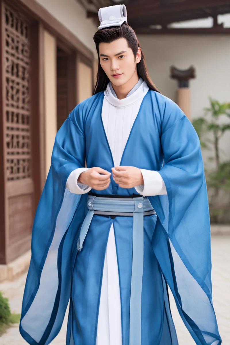 adult magazine cover with bold text saying "YU LEXUAN", playboy,  yulexuan, cinematic photo, sexy pose, face focus, upper body shot, young muscular asian male with long hair and big pectorals, inside a studio, wearing  blue hanfu made of cotton, best quality,  wide hips, small coronet made of fabric on his head, 35mm photograph, film, bokeh, professional, 4k, highly detailed, <lora:YuLexuanSDXL3:0.7>