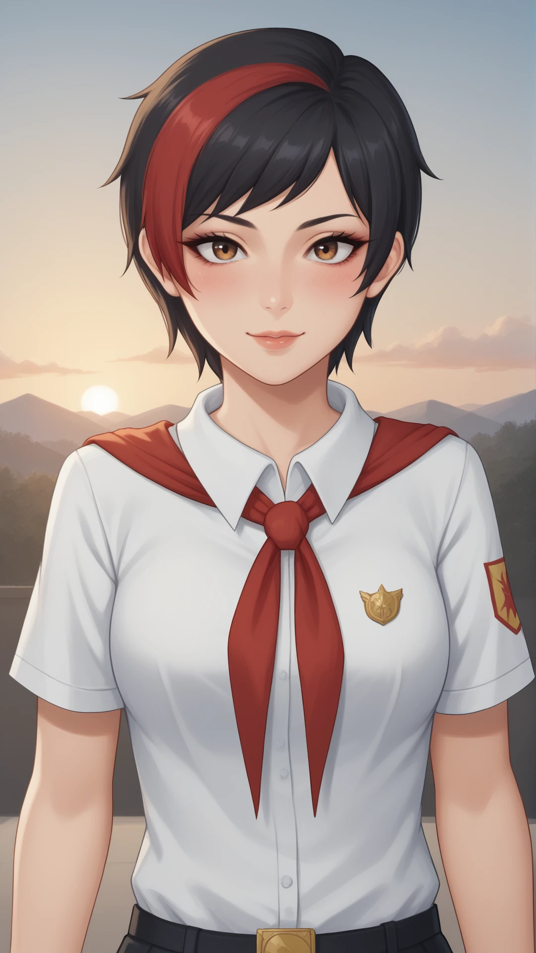 <lora:3d:0.8>, 3dr7, mature female
score_9, score_8_up, score_7_up, BREAK source_anime, best quality, masterpiece, ultra detailed,
<lora:Everlasting_Summer_Olesya_V2_by_GraffMetal:0.7>, olesya, brown eyes, short hair, black hair, red hair, two-tone hair, multicolored hair, streaked hair, 1girl, solo, 
blush, light smile, 
black eyeliner cat eye, piink lips, black short nails,
white shirt, neckerchief, photo background, short sleeves, 
amzing background, portrait, evening, sunset, clouds, sky,