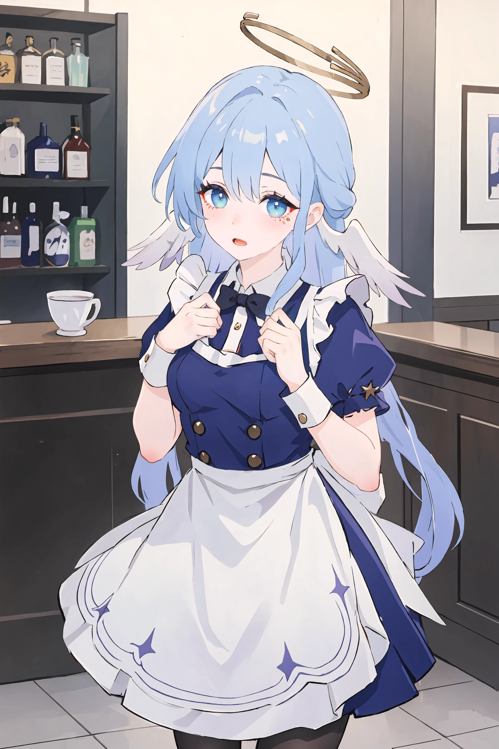 1girl, robin \(honkai: star rail\), solo, head wings, halo, maid, maid headdress, maid apron, embarrassed, pantyhose, open mouth, blush, parted lips, looking at viewer, cowboy shot, bar \(place\), indoors, depth of field