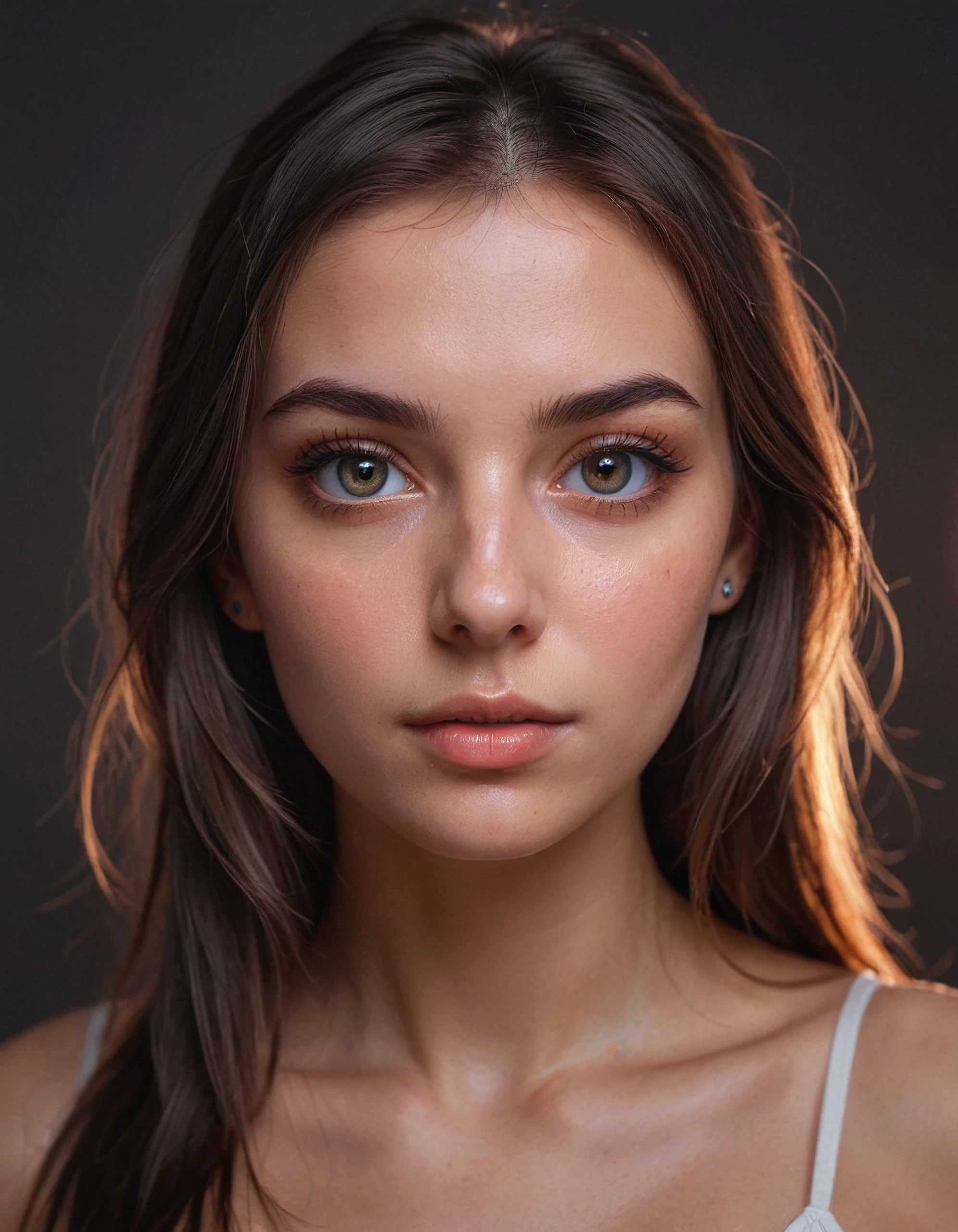 realistic face of a pretty girl streamer, in front of plain wall, looking into camera, reflection of ring light in eyes