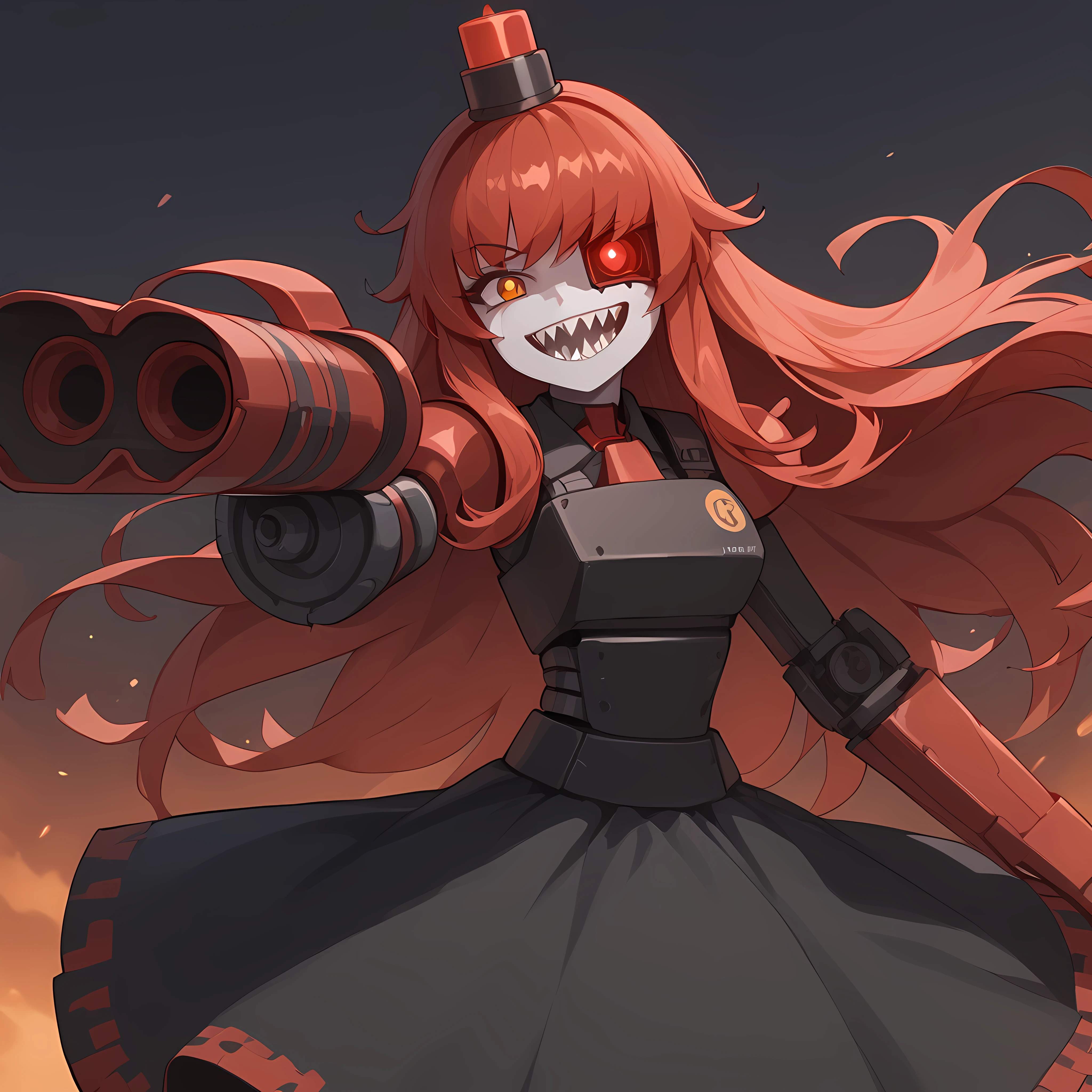 solo, solo focus, smile, <lora:mini_sentry-10:1>, personification, android, original, 1girl, alarm siren, black dress, red hair, long hair, headwear, arm cannon, sharp teeth