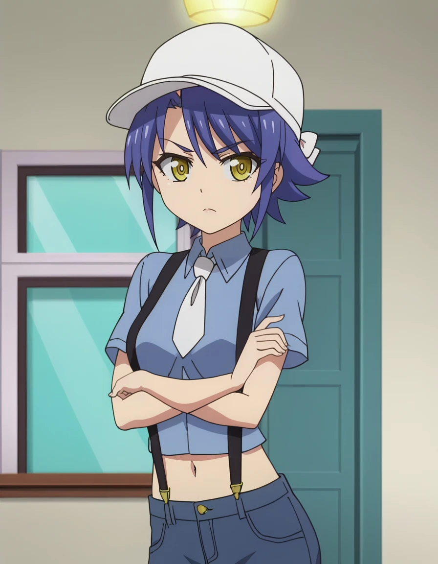 1girl,anime screencap,solo,
<lora:KurumiNonaka_16XL:0.8> kurumi_nonaka, short hair, bow, yellow eyes,
flat cap,white cap,blue shirt,white tie,navel,jeans,suspenders,
looking at viewer,crossed arms