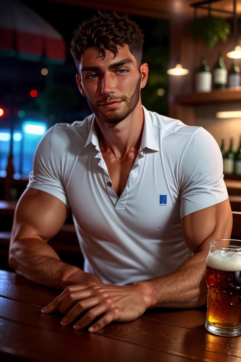 (masterpiece, best quality:1.2), man, (depth of field:1.1), photo of person, polo shirt, smirk:1.4, pants, at the pub, holding a beer,,sitting, cowboy shot, masterpiece, highness, perfect face, perfect picture, detailed eyes, sharp focus,High detailed view, beard<lora:EMS-3262-EMS:0.400000>, <lora:EMS-255755-EMS:1.000000>