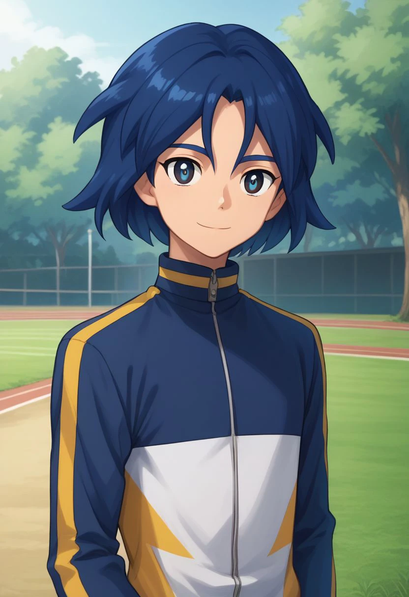 score_9, score_8_up, source_anime, highly detailed, 1boy, solo, male_focus, slender, skinny,
hikaru, 1boy, male focus, solo, blue hair, blue eyes, jacket, smile, closed mouth, track jacket, upper body,
outdoor,