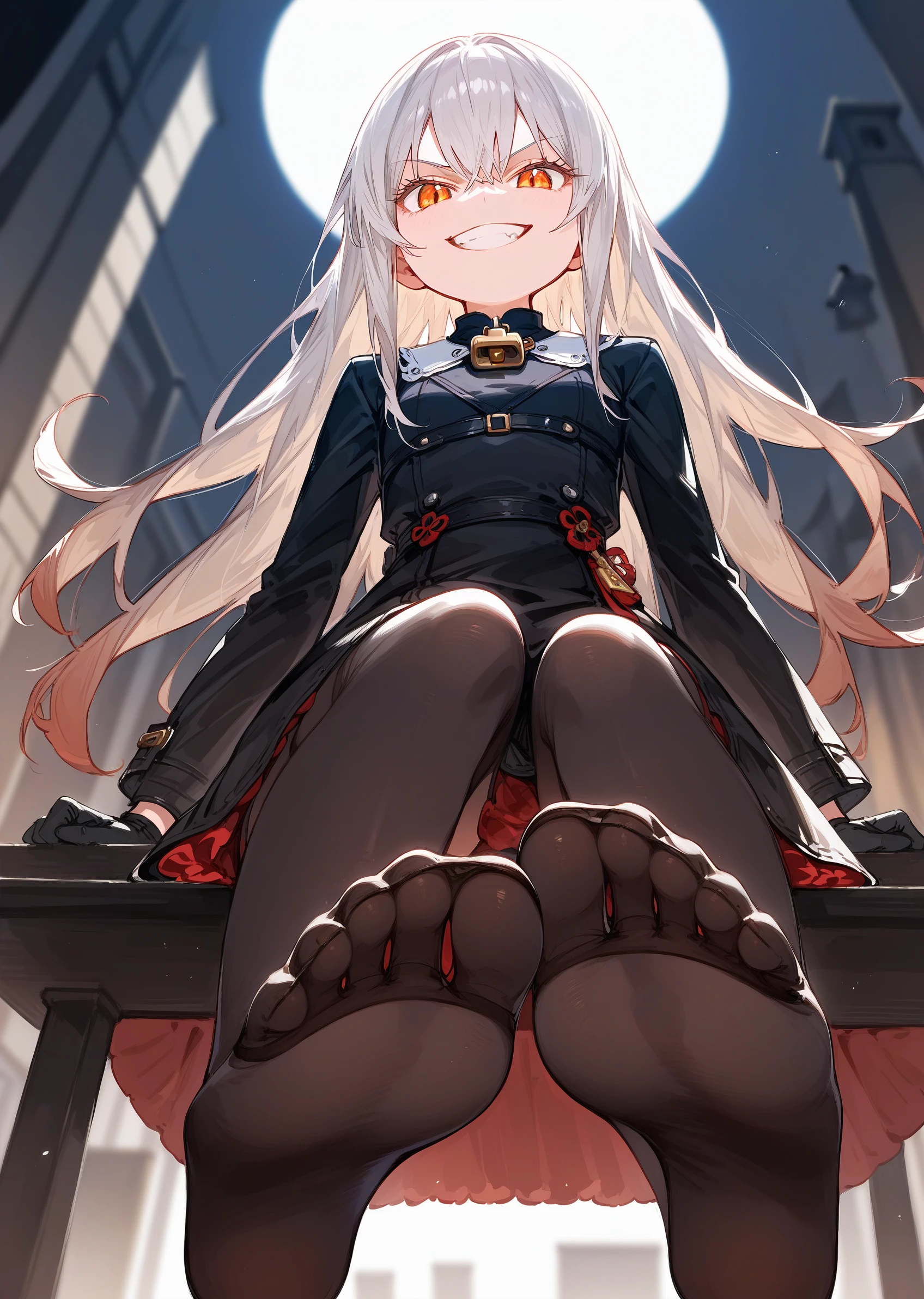 (score_9, score_8_up, score_7_up), BREAK source_anime, 1girl, solo, vita_\(bambina\), black dress, lock, black gloves, black legwear, evil smile, grin, arms at sides, sitting, blurry, sidelocks, from below, low angle, ground level, foot focus, good feet, <lora:vita_pony_1:0.8>