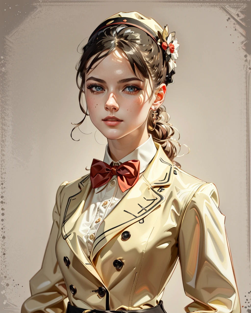 best quality,masterpiece,highly detailed,ultra-detailed, 
 <lora:neg9V2_last:0.7> 
1girl, open coat, bowtie, hair ornament, 
 <lora:leyendecker_02:0.8>by  leyendecker, traditional media, extremely detailed eyes, fantastic details full face, mouth, trending on artstation, pixiv, cgsociety, hyperdetailed Unreal Engine 4k 8k ultra HD,