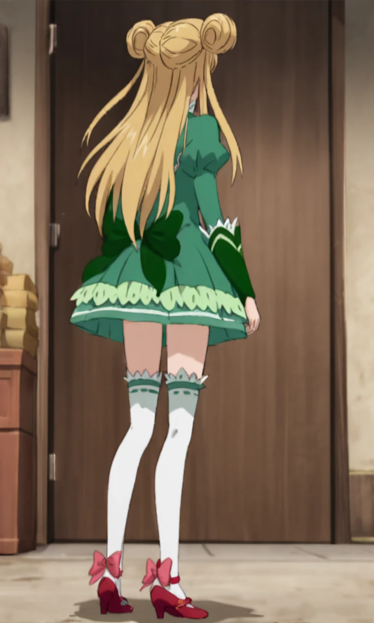 1girl, standing, from behind <lora:CeciliaXL:1> Cecilia, blonde hair, tailbone length hair, green dress, two buns, white extra long thigh high socks, red slippers