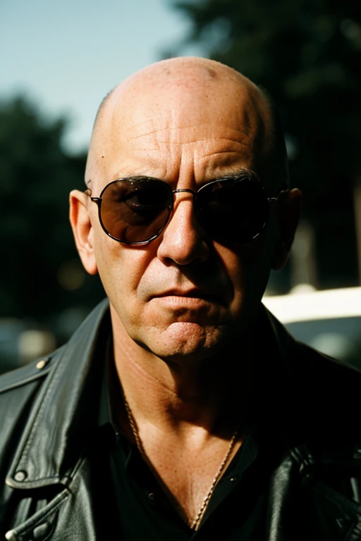 cinematic still 1man,sunglasses,bald,hunter s thompson, . emotional, harmonious, vignette, highly detailed, high budget, bokeh, cinemascope, moody, epic, gorgeous, film grain, grainy