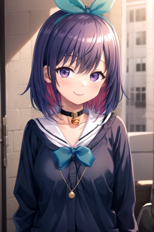 ((masterpiece)),(best quality),official art,extremely delicate and beautiful,extremely detailed CG,unity 8k wallpaper,ultra detailed,beautiful detailed eyes,extremely detailed face,outdoors,1girl,solo,upper body,(portrait:1.5),looking at viewer,facing viewer,smile,Kazanashi Toa,hairband,hair bow,aqua bow,medium hair,pink hair,purple hair,colored inner hair,multicolored hair,two-tone hair,gradient hair,hair ribbon,hair between eyes,bangs,purple eyes,collarbone,jewelry,black choker,necklace,neck bell,jingle bell,school uniform,white sailor collar,blue cardigan,buttons,black bowtie,long sleeves,sleeves past wrists,medium breasts,miniskirt,grey skirt,pleated skirt,thigh strap,black thighhighs,zettai ryouiki,ankle boots,black footwear,<lora:Kazanashi Toa(sdg2):0.8>,