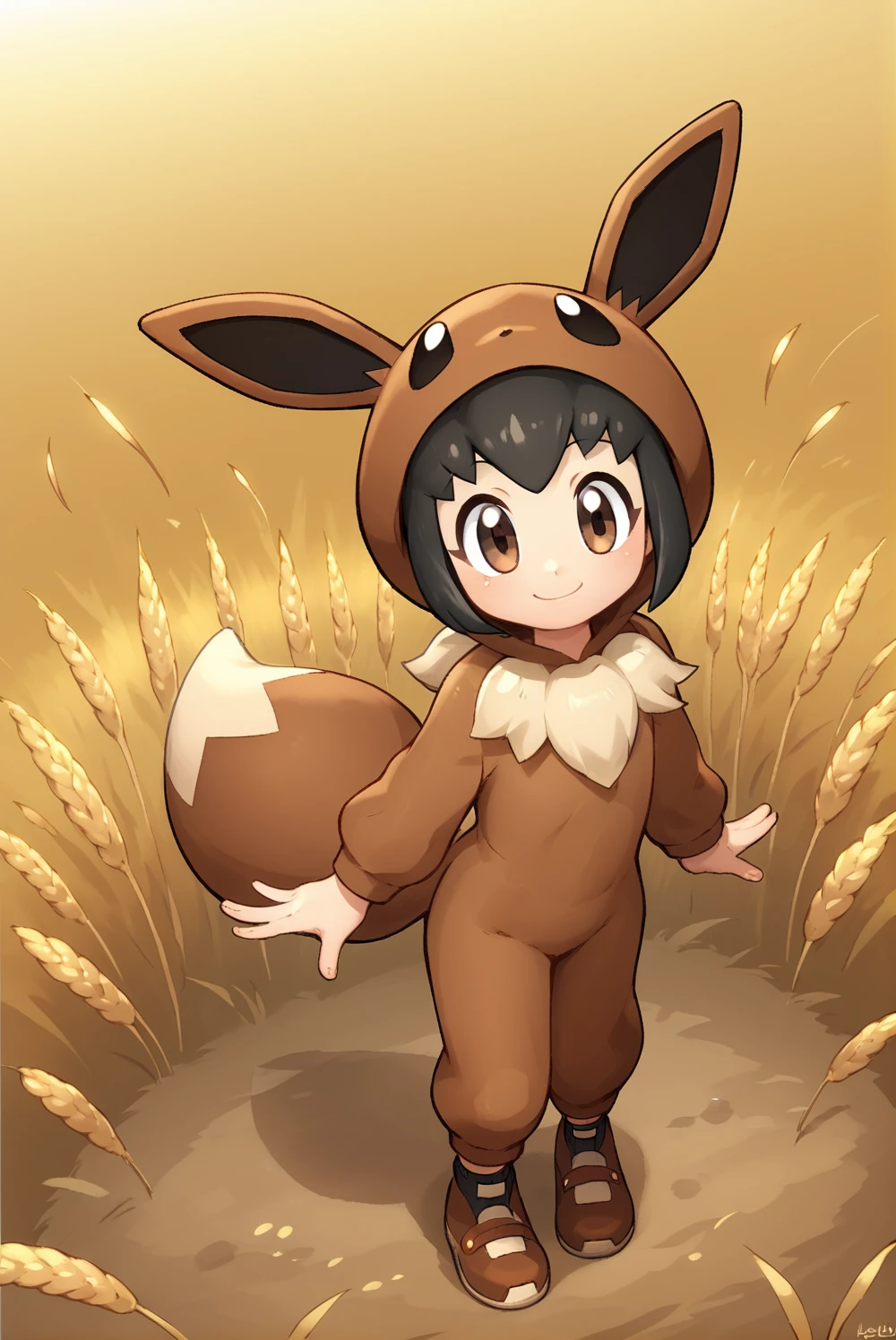 Score_9, Score_8_up, score_7_up, score_6_up, solo, 1girl, 1pokekid1, black hair, short hair, brown eyes, brown onesie, brown hood, brown footwear, black socks, fake animal ears, fake tail, smile, full body, wheat field<lora:EMS-383958-EMS:0.800000>