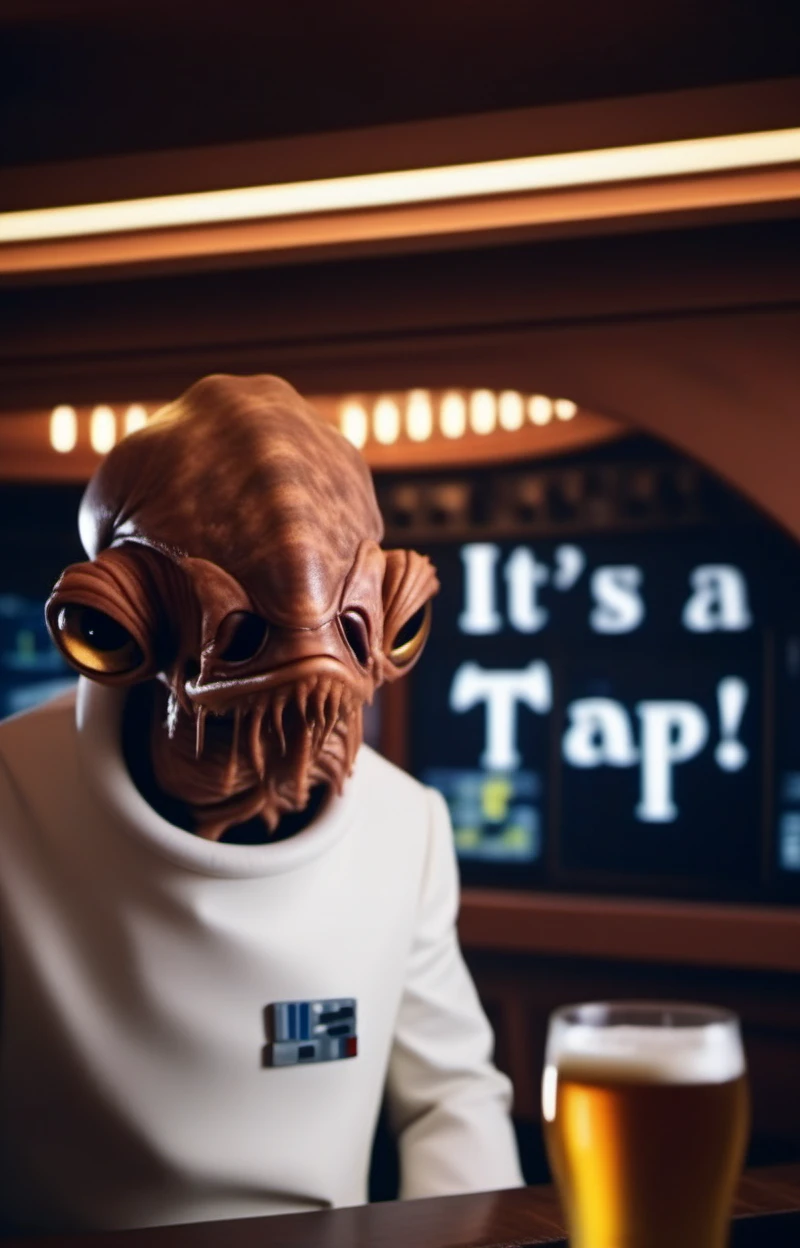 cinematic photo an alien with a strange looking face, star wars, white suit, having a beer in a pub, +++(((text ''it's a tap''))) <lora:AmiralAckbar1024:0.8> . 35mm photograph, film, bokeh, professional, 4k, highly detailed