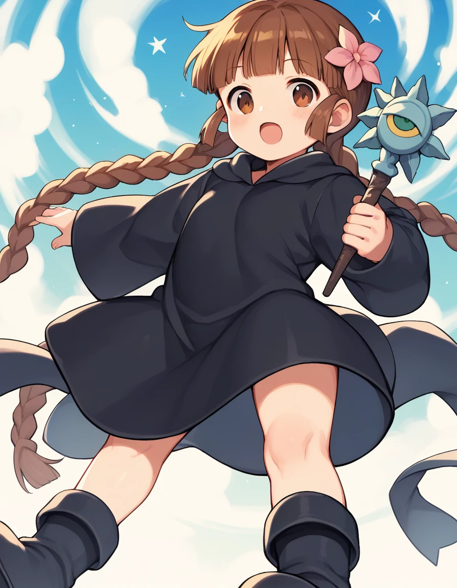 <lora:Grgrkukuri_SDXL_pony_fp16:1>,Grgrkukuri,  blunt bangs,robe, braid, brown eyes, twin braids,brown hair,black robe,boots,hair flower,open mouth,close to viewer,holding wand,, score_9, score_8_up, score_7_up, BREAK source_anime, rating_questionable, best quality, masterpiece, uncensored,[pony diffusion V6 is trained by PurpleSmartAI:100]
