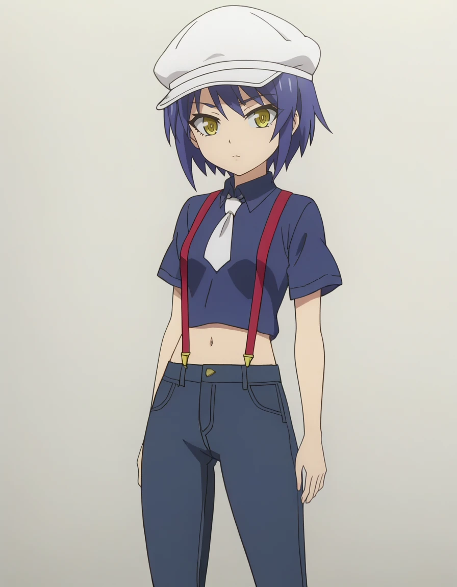 1girl,anime screencap,solo,simple background,white background,
<lora:KurumiNonaka_16XL:0.8> kurumi_nonaka, short hair, bow, yellow eyes,
white flat cap,blue shirt,white tie,navel,jeans,suspenders,
looking at viewer,