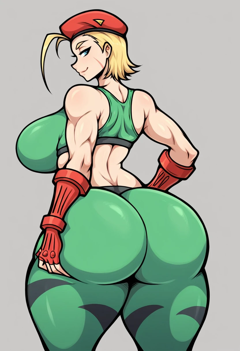 1girl, female, huge breasts, wide hips, thick thighs, from behind, huge ass, Cammy White, athletic, short hair, green sports bra, yoga pants, gym background, biggydeez style BREAK score_9, score_8_up, score_7_up, rating_safe <lora:biggydeez:0.6>