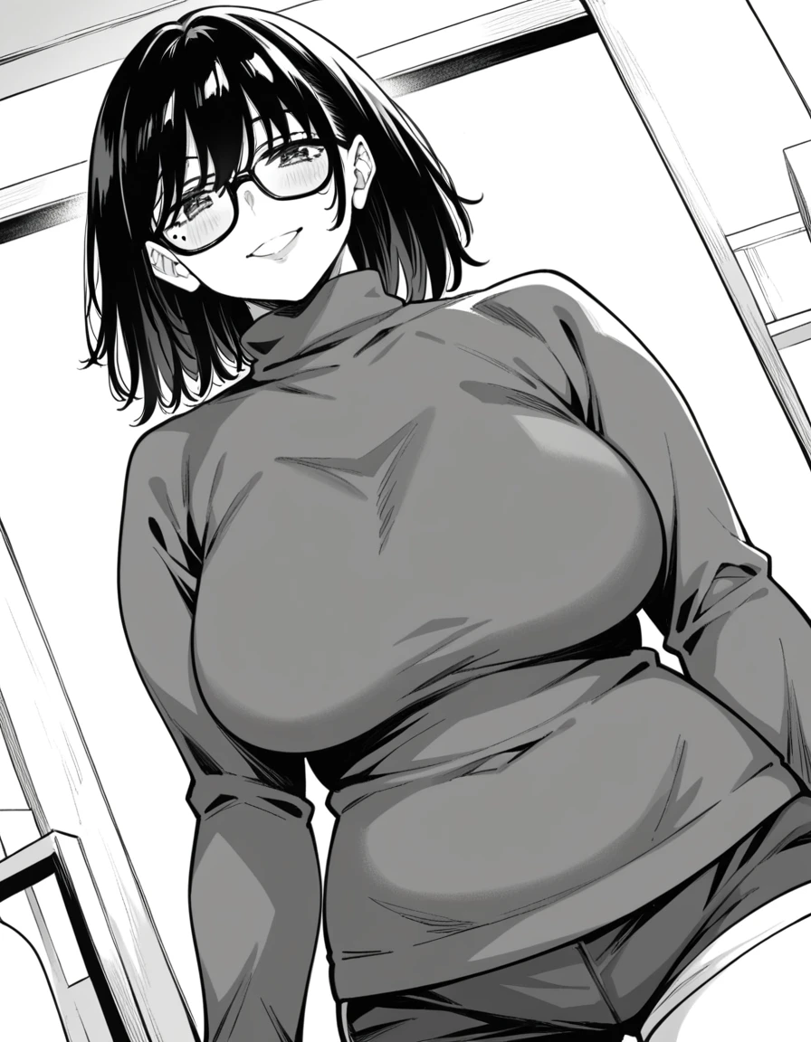 score_9, score_8_up, score_7_up, source_anime,
kasumimiyoshi, <lora:kasumi-miyoshi-manga-ponyxl-lora-nochekaiser:1>,
kasumi miyoshi, bangs, hair between eyes, medium hair, mole, black-framed eyewear, plump, monochrome, greyscale, large breasts,
turtleneck, long sleeves, shorts,
indoors, smile,
looking at viewer, solo, cowboy shot, dutch angle,