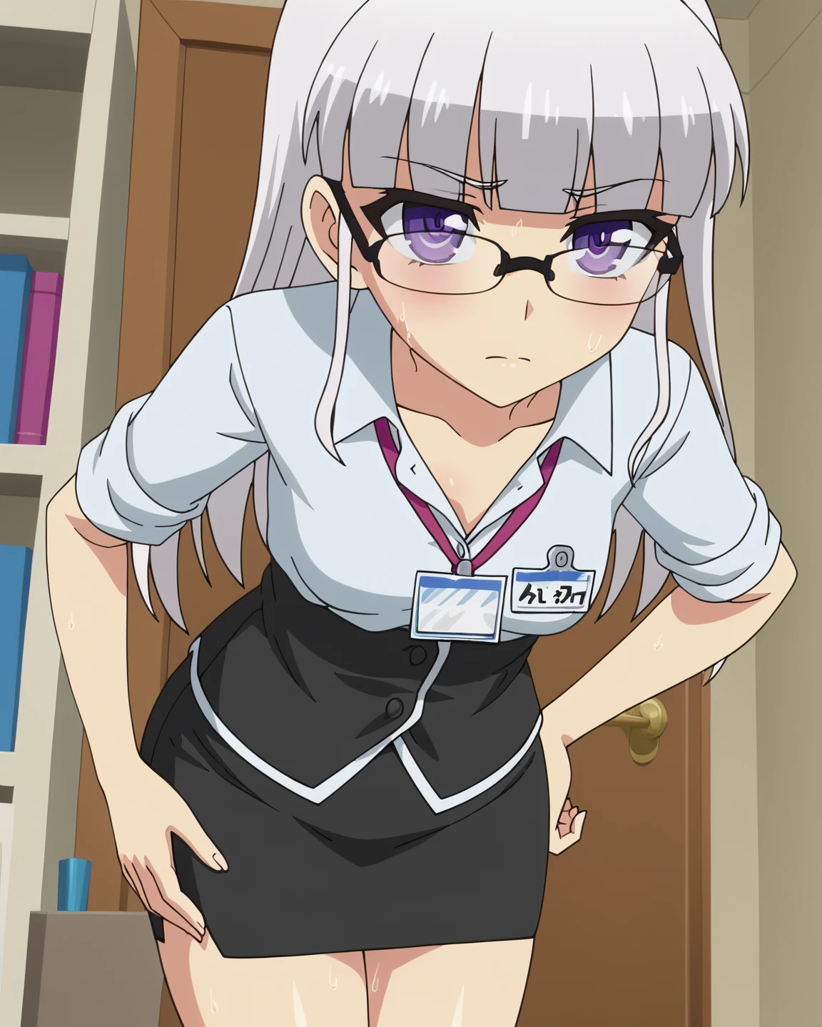 1girl,solo,anime screencap,
 <lora:MariaNaruse_16XL:0.8> maria_naruse, purple eyes, bangs, white hair,small breasts,
thighs,sweat,
glasses,bussiness suit,office dress,pencil skirt,white shirt,name tag