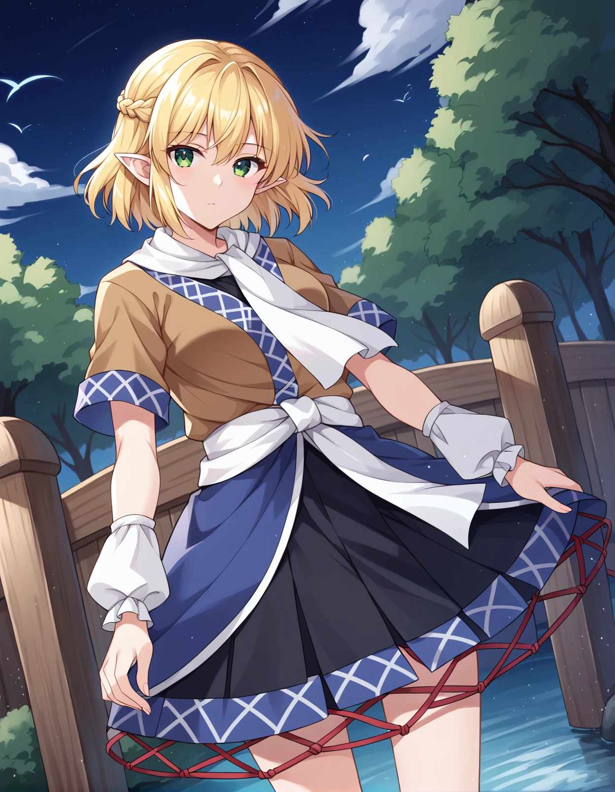score_9, score_8_up, score_7_up, source_anime, rating_safe, BREAK <lora:mizuhashi_parseeXL_LoRA-C3Lier_AdamW_Dim8_Alpha8_UN-3e-4_TE-1.5e-4_10batch_ponyDiffusionV6XL_v6StartWithThisOne:1>, mizuhashi parsee, 1girl, blonde hair, short hair, braid, half updo, pointy ears, green eyes, medium breasts, brown jacket, short sleeves, black shirt, white scarf, white arm warmers, white sash, multicolored clothes, layered skirt, black skirt, expressionless, looking at viewer, wooden bridge, dutch angle, wind, wooden fence, summer festival, standing, dark, night, river