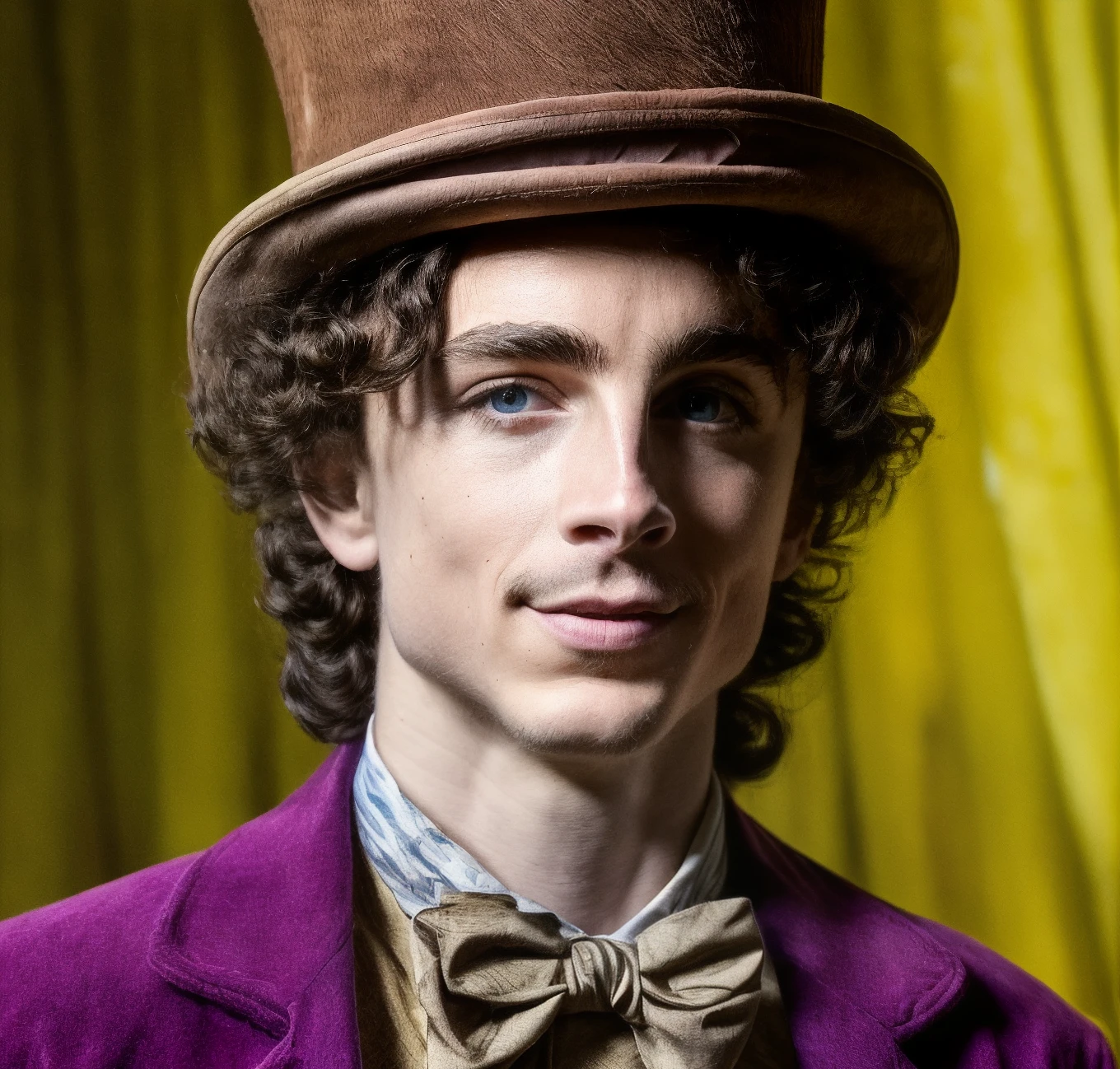 solo, face shot, portrait, looking at viewer, perfecteyes, Wonka, the mad hatter is wearing a purple jacket and bow tie