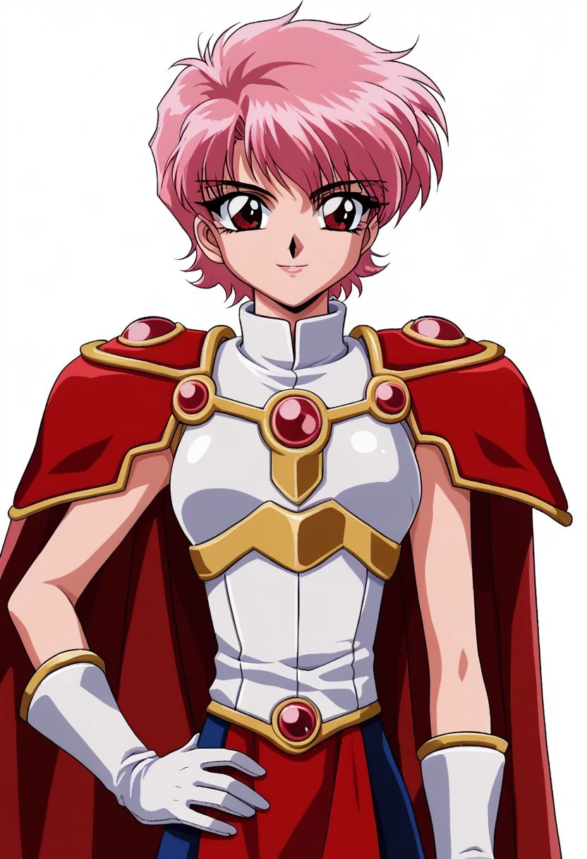 mkr style, 1girl, armor, solo, red eyes, smile, short hair, red hair, hand on hip, cape, white background, shoulder armor, pauldrons, gloves, official style, upper body, red cape, retro artstyle, looking at viewer, breastplate, white gloves, 1990s (style), pink hair, simple background, anime coloring, 2d, flat coloring, cel shading, cel shaded BREAK  PonyXLV6_Scores