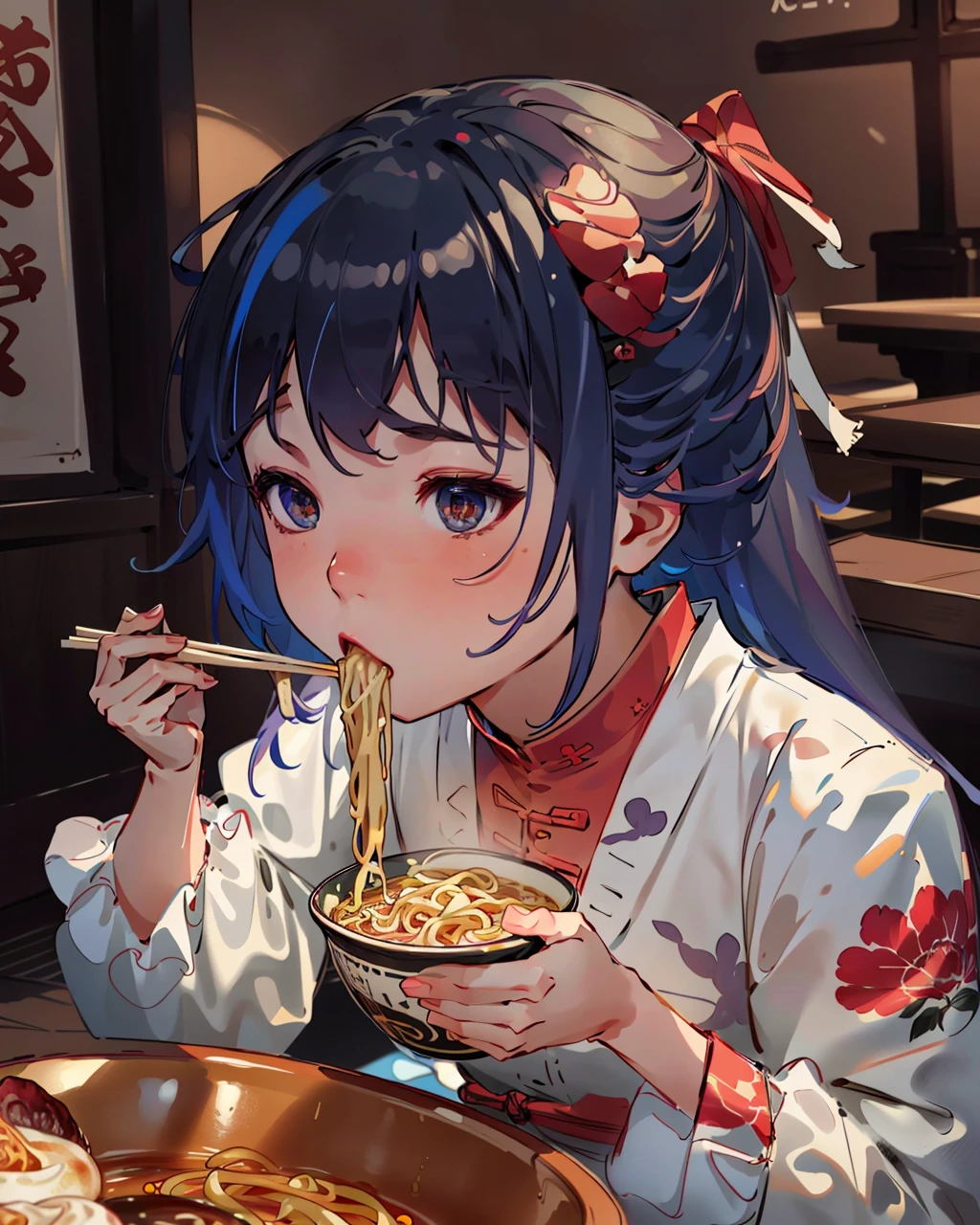 best quality,masterpiece,highly detailed,ultra-detailed, 
1girl ramen restaurant, 
 <lora:neg9V2_last:0.5> <lora:cartoonisationer-V4-8:0.5><lora:cartoonisationer:0.5> <lora:cartoonisationer-21st_ce:1>
 <lora:eatingramen:1>  åéºµ, eating ramen, holding chopsticks