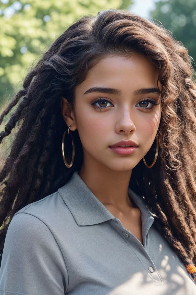 closeup headshot of S422_DeboraGomes,a beautiful woman,in a (park:1.1),wearing a (polo-shirt:1.1),(dreadlocks),(4k, RAW photo, best quality, 50mm, depth of field, ultra high res:1.1),(intricate, photorealistic, cinematic-shot, masterpiece, ultra-detailed:1.1),