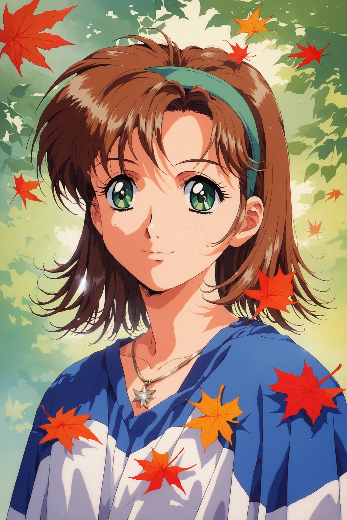 score_9,score_8_up,score_7_up,masterpiece,best quality,absurdres,
1girl,solo,medium hair,hairband,green eyes,brown hair,leaf,smile,autumn leaves,tree,looking at viewer,necklace,retro artstyle,1990s \(style\),looking at viewer,
<lora:Koh Kawarajima_XL_PONY:0.8>,